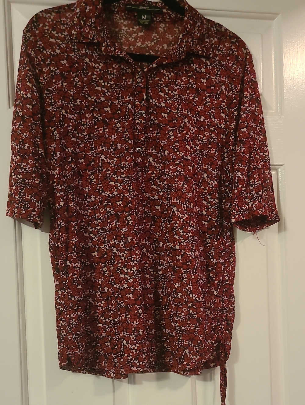 Amang NY Sheer Burgundy Floral Button-Front Blouse – Size M